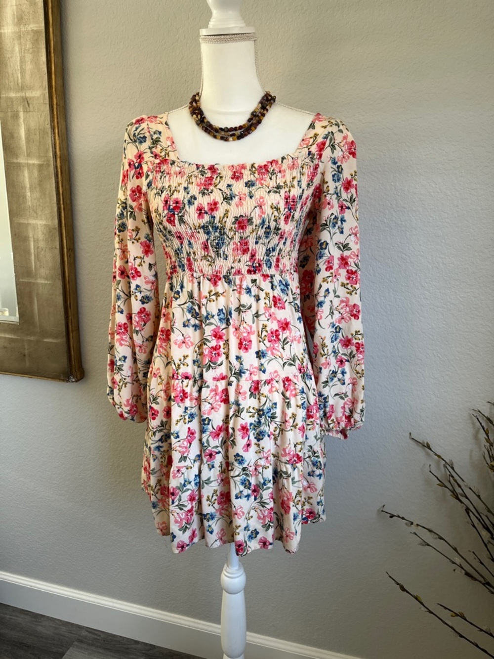 Charlotte Russe Cream Floral Smocked Square-Neck Mini Dress
